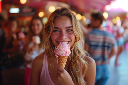 A group of friends enjoying ice cream cones while shopping at a mall. In a carnival, a woman is happily enjoying an ice cream cone, surrounded by a joyful crowd. Her face lights up with a smile as she indulges in the delicious treatの素材