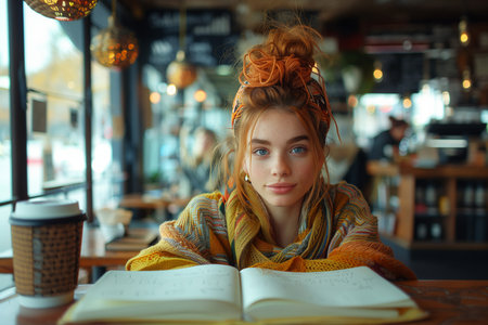 A fashion designer sketching ideas in a notebook at a coffee shop. At a table, a woman is leisurely engaged in reading a book, showcasing a moment of relaxation and enjoyment amid her surroundingsの素材