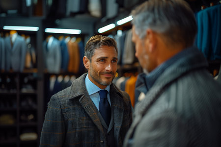 A man holding up a suit and tie and getting opinions from a salesperson. High quality photoの素材