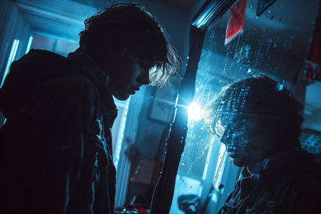 A person admiring their reflection in a full-length mirror while trying on a new outfit . In a dimly lit room, a man gazes at his reflection in a mirror. The atmosphere is electric blue, evoking a sense of mystery and introspectionの素材