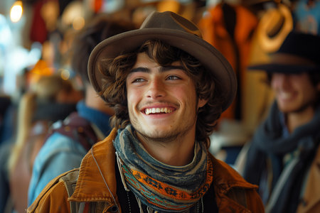 A group of friends trying on hats and laughing in a vintage clothing store. A cheerful young man in a hat and scarf is grinning happily, displaying a joyful facial expression in a crowd, exuding a sense of fun and happinessの素材