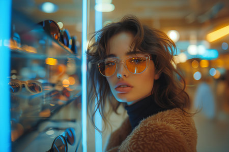 A shopper trying on sunglasses and posing in front of a mirror. In a store, a woman with brown hair and yellow glasses tries on sunglasses. The city street reflects in the glasses. It's a fun and lively momentの素材