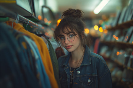 A stylish woman browsing through racks of clothes at a vintage thrift store. A fashionably dressed woman is browsing clothing items in a store, wearing a denim jacket. The store is likely located in a city, adding a fun and urban vibe to the shopping experienceの素材