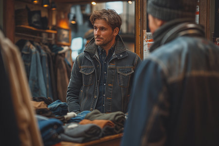 A shopper trying on a pair of jeans and checking the fit in a mirror. In a clothing store, a man looks at his reflection in a mirror, engrossed in the moment of selfreflection. The surroundings fade away as he focuses on his imageの素材