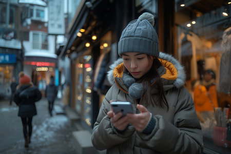 A person scrolling through a fashion app on their smartphone, looking for the latest trends. A woman wearing a stylish hat and scarf is checking her phone while walking down the city street in winterの素材