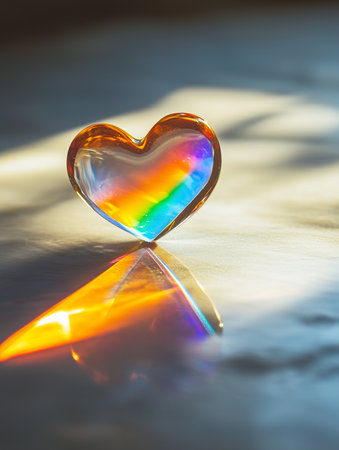 A heart-shaped prism displays a vibrant rainbow while reflecting soft hues on a smooth surface, creating a tranquil, warm atmosphere indoors.の素材