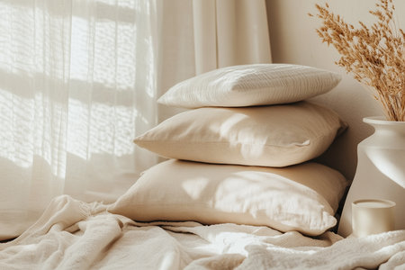 Soft, neutral-toned cushions are stacked on a cozy surface, alongside a vase of dried flowers, illuminated by gentle sunlight filtering through curtains.の素材