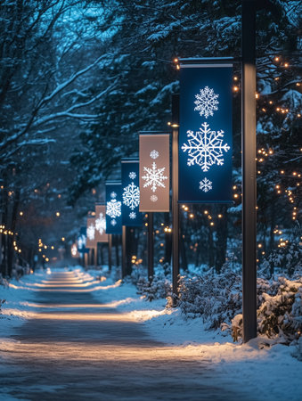 Delicate snowflakes light up a peaceful winter pathway, surrounded by trees blanketed in snow, creating a magical atmosphere as dusk settles.の素材