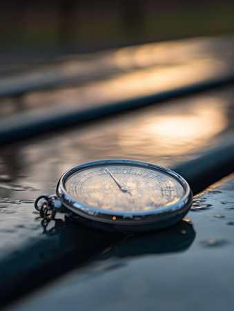 An Olympic stopwatch is focused closely, resting on a wet surface while light reflections create an atmospheric setting indicating its use in timekeeping during sports.の素材