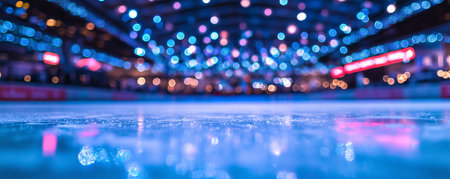 Excitement fills the figure skating arena as bright lights reflect off the smooth ice, creating a festive atmosphere during a thrilling competition.の素材