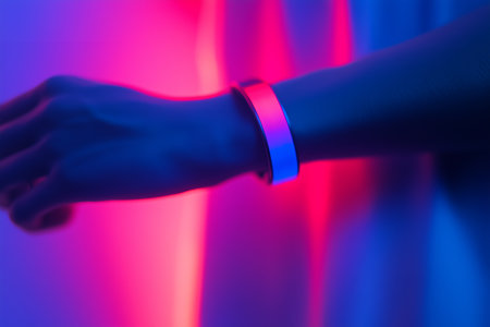 A wearable UV exposure monitor is displayed on a persons arm, illuminated by vibrant neon lights, emphasizing its design and functionality during nighttime activities.の素材
