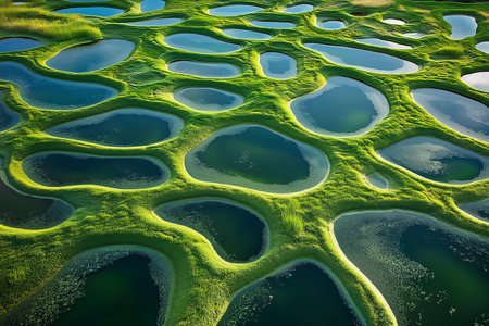 Unique and colorful algae formations create intricate patterns on the surface of shallow water, showing natures beauty in a serene wetland setting.の素材