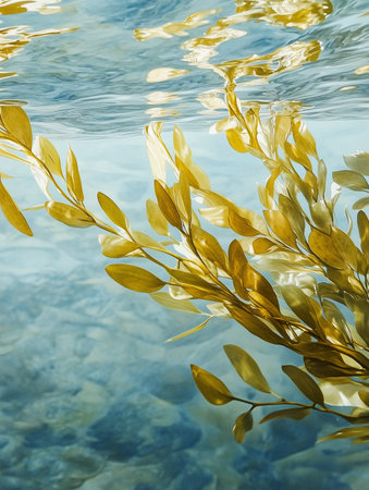 Detailed shot captures vibrant seaweed patterns gently swaying beneath crystal clear water, showing the beauty of marine life on a bright day.の素材