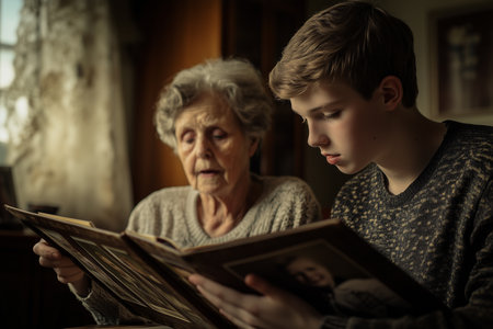 Young man sits closely with grandmother, both engaged in creating a family photo album at home, sharing memories and stories, filling the room with warmth.の素材