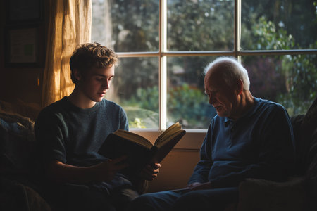 A young man reads aloud from a book to his elderly companion, creating a warm atmosphere filled with connection and shared moments in the living room.の素材
