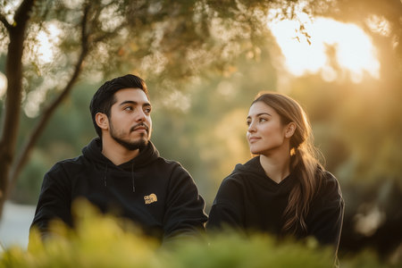 A couple sits together in a peaceful outdoor environment, engaging in a heartfelt discussion about their fertility journey as the sun sets in the background.の素材