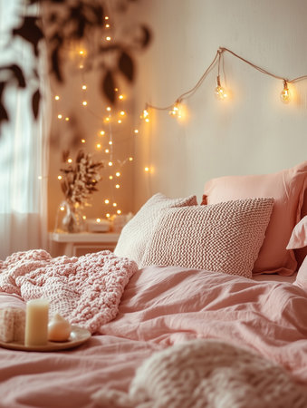 Plush pink bedsheets adorn the cozy bedroom, complemented by warm decorative lights and candles, creating a serene setting perfect for relaxation and comfort.の素材