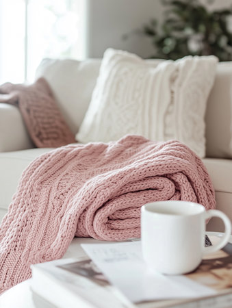 A soft pink knit blanket is neatly folded on a cozy couch adorned with decorative pillows. A white coffee cup rests on a stylish coffee table in a bright room.の素材