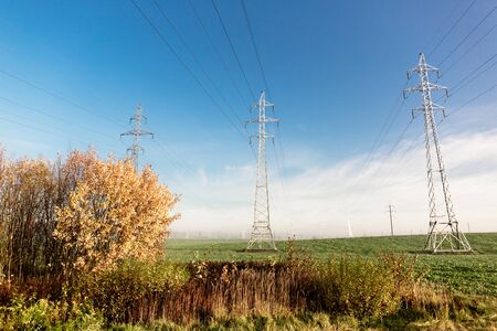 Electric transmission lines with electricity on a field in the morning in autumn fogの写真素材