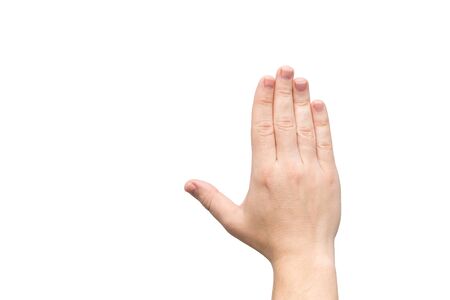 male hand with short nails and neat manicure without varnish on a white background, arthrosis of the joints, normal european skinの写真素材