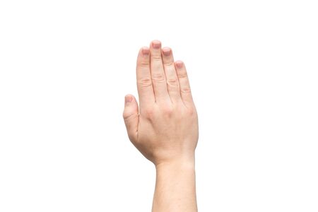 male hand with short nails and neat manicure without varnish on a white background, arthrosis of the joints, normal european skinの写真素材