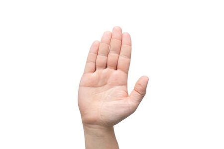 male hand pointing forward and showing stop sign or greeting, open hand isolated on white backgroundの写真素材