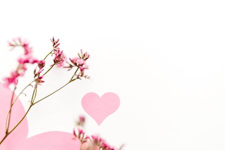 A large pink heart with a place for text decorated with small pink flowers on a white background, symbol of loveの写真素材