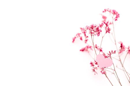 A small pink heart with a place for text decorated with branch of flowers on a white background, symbol of loveの写真素材