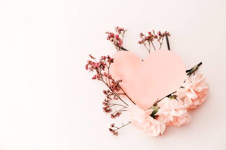 Three pink carnations isolated on white background with heart symbol of love, minimalismの写真素材