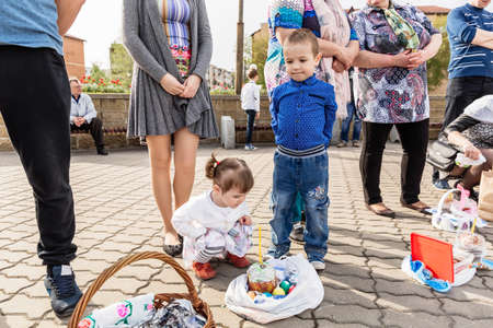 Beryoza, Belarus - April 27, 2019: The children have come to the church and are waiting for the...