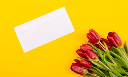 White gift envelope on a yellow background with a bouquet of red tulips and a free place for text. Sample certificate or invitation card. Close-up.の写真素材