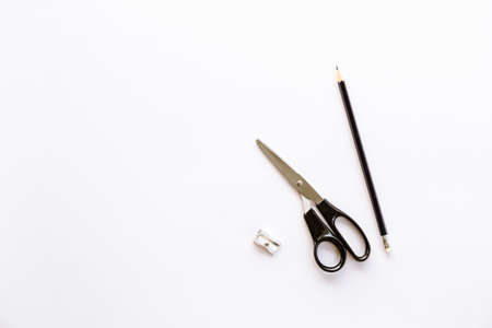 Black and white minimalist stationery with copy space. Safety rules for the use of sharp objects. Preparing tools to start working on an idea. Instruments for step-by-step instructions.の写真素材