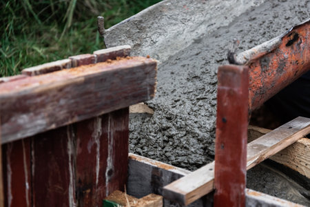 The concrete mixer unloads the concrete through a chute into a timber formwork with metal reinforcement to create a solid foundation for a building or fence. Construction process.の写真素材