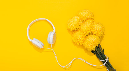 Large white headphones and lush chrysanthemum flower on yellow background with space for text. A gentle and romantic melody. Hello Spring. Flower shop. Musical accessories store. Summertime lifestyle.の写真素材