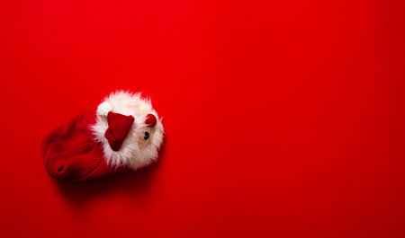 One New year, Christmas slipper in form of santa claus with white soft fur on red background with place for text. Funny, cozy, fluffy children shoe. Warm and original gift for the winter holidays.の写真素材
