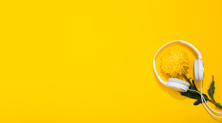 Large white headphones and lush chrysanthemum flower on yellow background with space for text. A gentle and romantic melody. Hello Spring. Flower shop. Musical accessories store. Summertime lifestyle.の写真素材