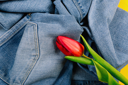 Crumpled blue jeans with tulip with copy space. Sewing production. Second hand. Tidying up the...