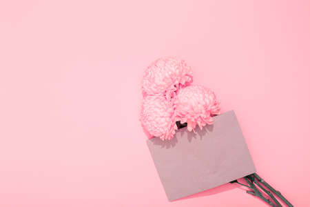 Three lush pink chrysanthemums with craft envelope on a yellow background with copy space, text place. Gift certificate. Postcard. Long-awaited letter. Holiday banner. Paper shop. Business card.の写真素材