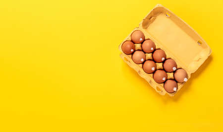 Package of chicken eggs with fluffy white tails like Easter bunnies on bright yellow background with copy space, empty text place.の写真素材