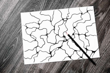 Abstract imaginary picture of curves by black pencil. A psychological art therapy tests. Identification of the unconscious, subconscious, the depths of the human brain. Art therapy treatment. Result.の写真素材