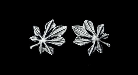 Cannabis. Two silver hemp earrings lie on a black background with a mirrored surface. Silver occult jewelry.の写真素材