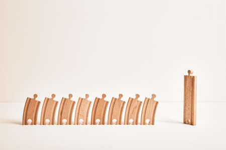 Leadership and initiative concept. Team management. Business card mockup. Career. Employment for work. Ceo team. Leader of people group. Manager of office workers. Wood railway toy. Teacher and class.の写真素材