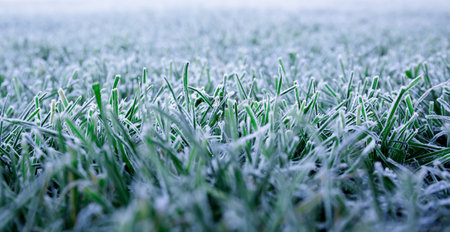 Morning dew froze on a green grass. First frost. Preparing the lawn for wintering. Close-up. Copy space. Banner. Late autumn. Conceptual background of weather forecast. Nature detail. Winter season.の写真素材
