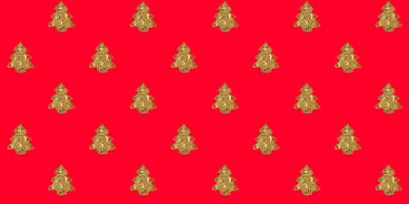 Seamless texture with golden Christmas trees on a red background. Horizontal banner. Happy New Year...