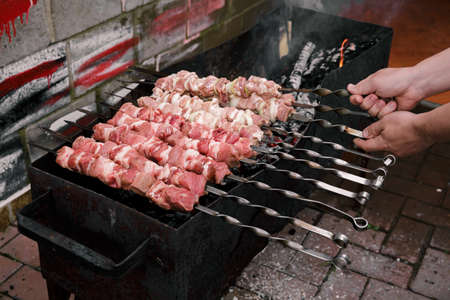 Marinated meat with onion, food cooking on skewers on fire. Preparing pork shashlik on a charcoal mangal. Beef grill. BBQ. Side view. Outdoors picnic. Traditional tasty shish. Juicy meal. Close-upの写真素材