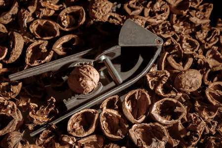 Walnut in nutcracker close-up. copyspace. Beautiful dark background with healthy food ingredient. Useful nutrients. Nut is tasty diet snack. brown color. Nutshell tool. Full and empty shell. Banner.の写真素材