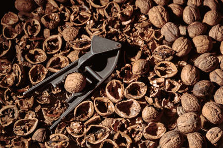 Walnut in nutcracker close-up. copyspace. Beautiful dark background with healthy food ingredient. Useful nutrients. Nut is tasty diet snack. brown color. Nutshell tool. Full and empty shell. Banner.の写真素材