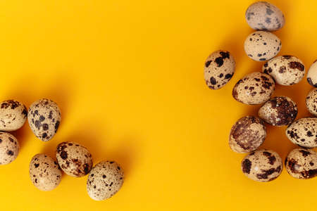 Quail eggs lays on yellow paper background with copy space or empty place for text. Easter holiday....