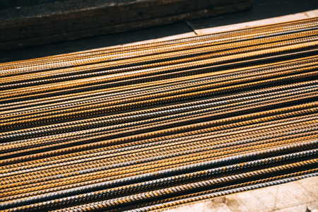 Metallic bars. Steel rods for the concrete reinforcing lies in the truck. Reinforcement bars...