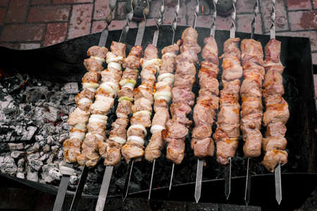 Marinated meat with onion, food cooking on skewers on fire. Preparing pork shashlik on a charcoal...